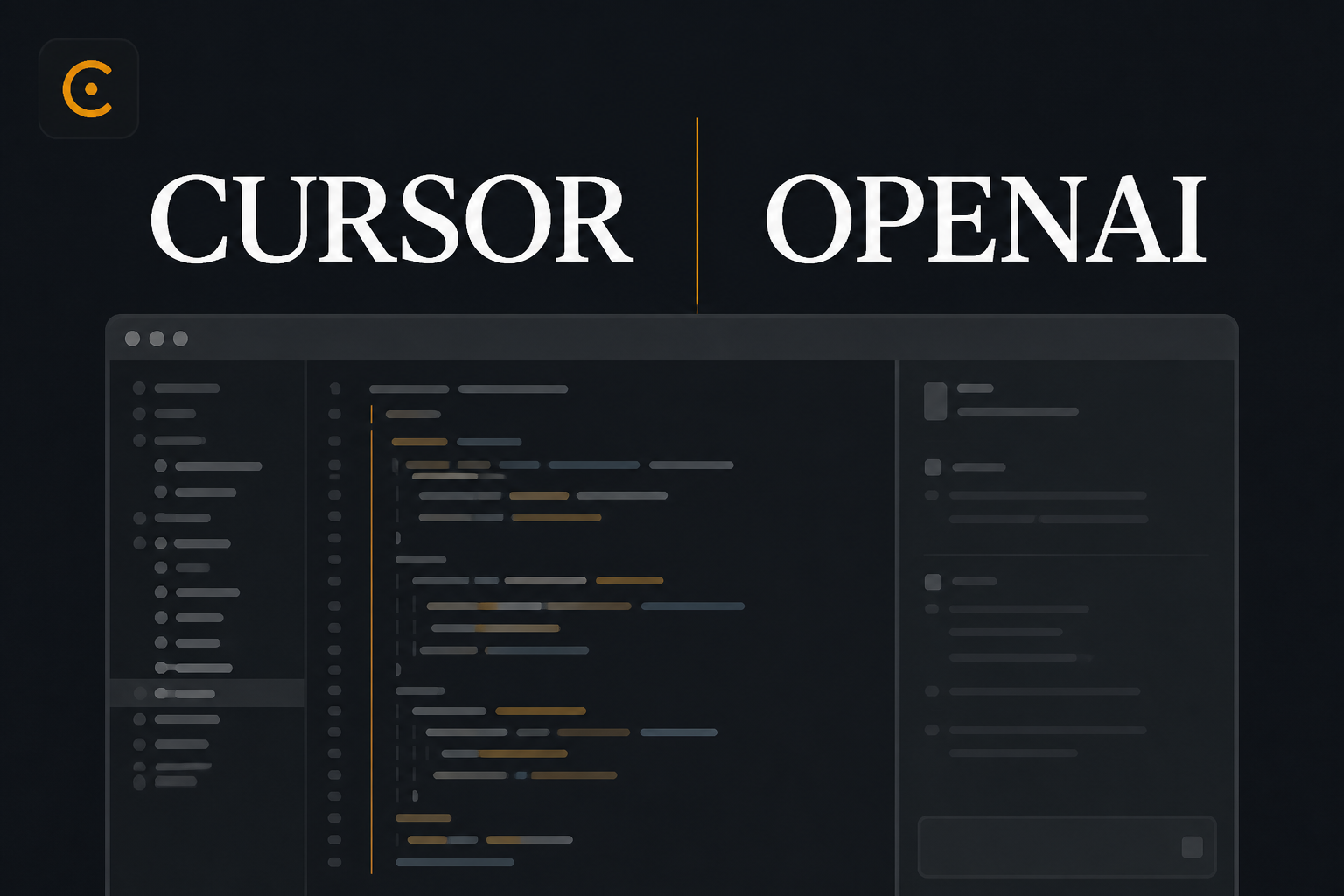 Editorial still of a dark code editor with Cursor and OpenAI typography